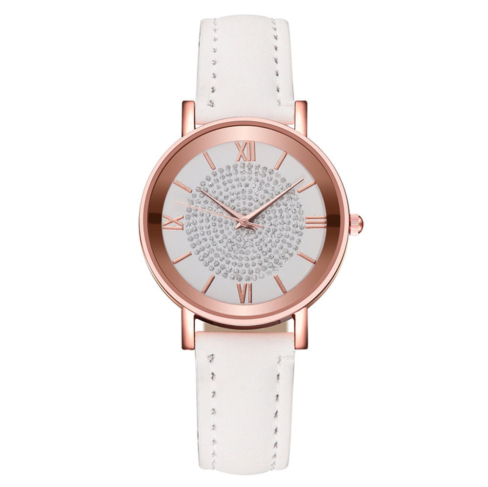 Rose gold crystal quartz women watch with a white leather strap and a dial adorned with sparkling crystals and roman numerals.