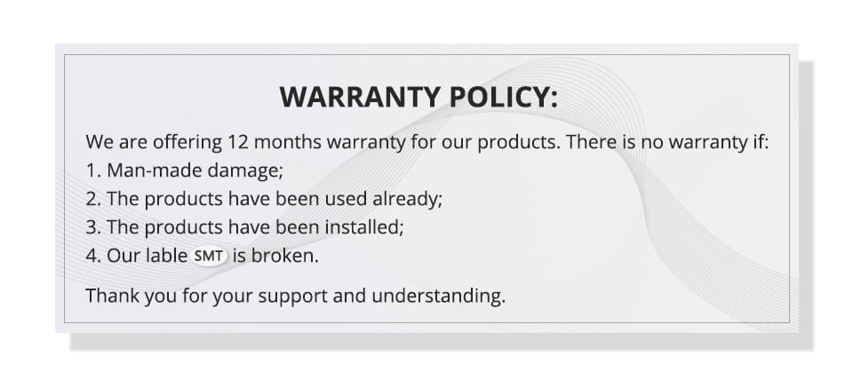 white rectangular warranty policy card with gray wave patterns and black text detailing the 12-month warranty terms for xiaomi redmi note 12 pro back glass replacement black