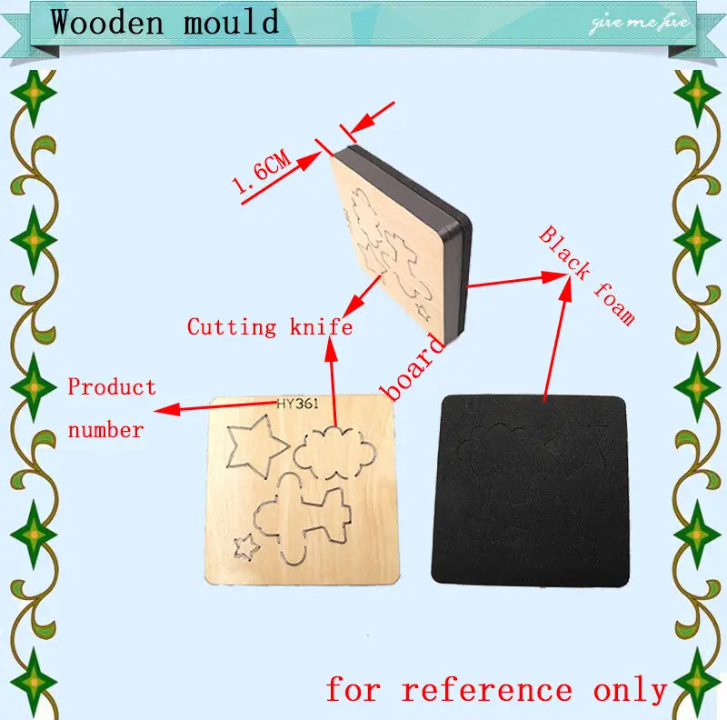 Light-colored wooden easter chicken die cutting mold featuring a cutting board with carved star cloud and airplane shapes.