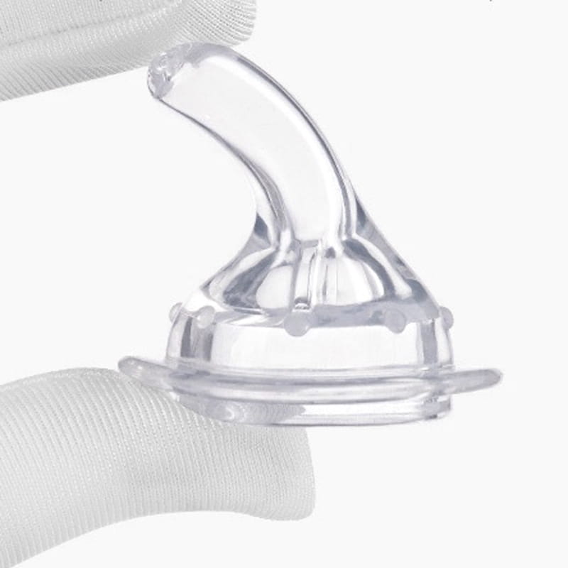 Klarer Silikon-Babysaugerflaschennippel mit gebogener, ergonomischer Gestaltung und strukturierter Basis für eine sichere Anbringung, enthalten mit der Säuglingsmedikamentendosierer-Spritzen-Dosierpipette