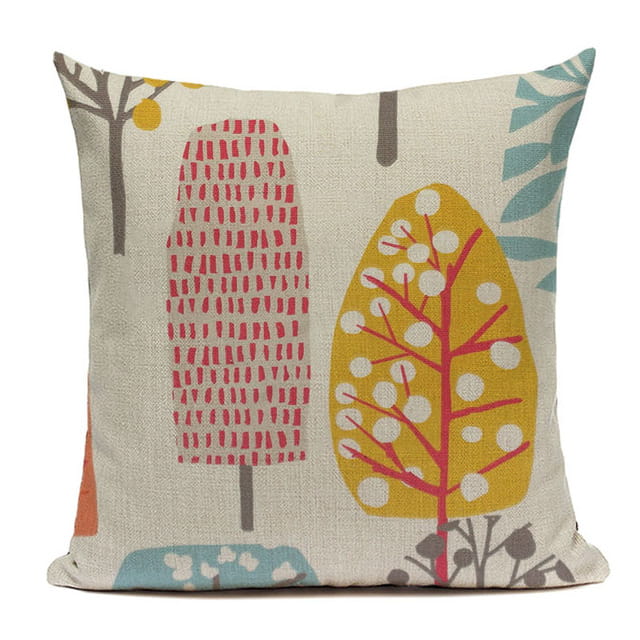 beige linen cushion cover 45x45cm featuring stylized trees in red yellow and teal for sofa use