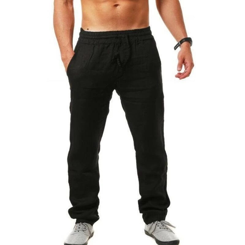 men cotton linen casual trousers in black featuring drawstring waist with a relaxed fit and tapered legs