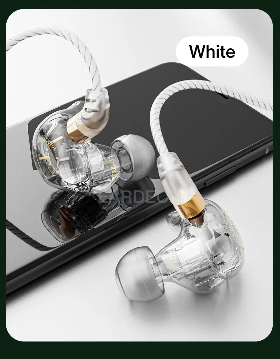 Casque d’écoute filaire intra-auriculaire transparent vert émeraude : accents dorés et câble tressé blanc, caractéristique du casque d’écoute intra-auriculaire à micro stéréo vert émeraude
