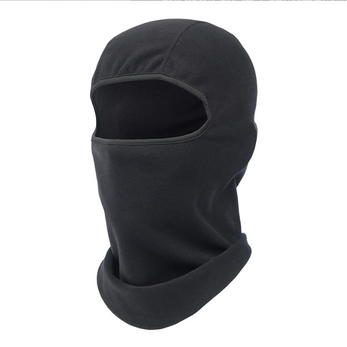 Pasamontañas negro confeccionado con tejido liso elástico, con abertura para el rostro, diseñado para su uso con guantes de motocicleta de cuero, equipamiento de conducción con nudillos de carbono.