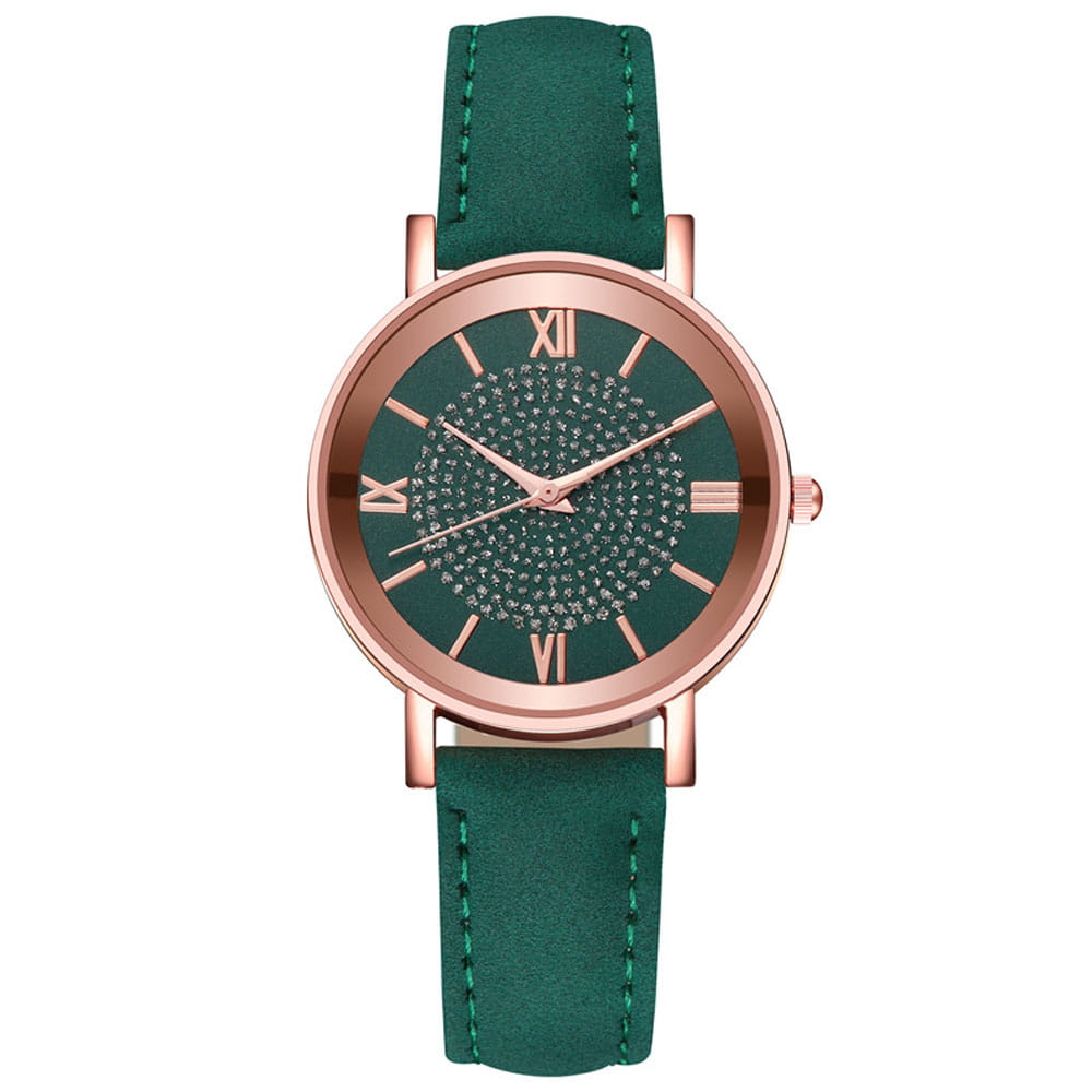 Emerald green leather strap rose gold crystal quartz women watch with a rose gold-tone case roman numeral hour markers and a sparkling crystal-embellished dial.