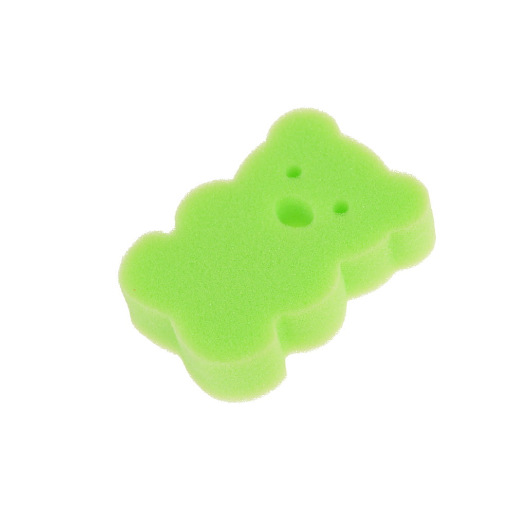 Leuchtend limettengrüner Bären-Badeschwamm für Babys aus weichem Schaum mit plüschiger Textur und einfachen Gesichtselementen für die sanfte Anwendung in der Dusche.