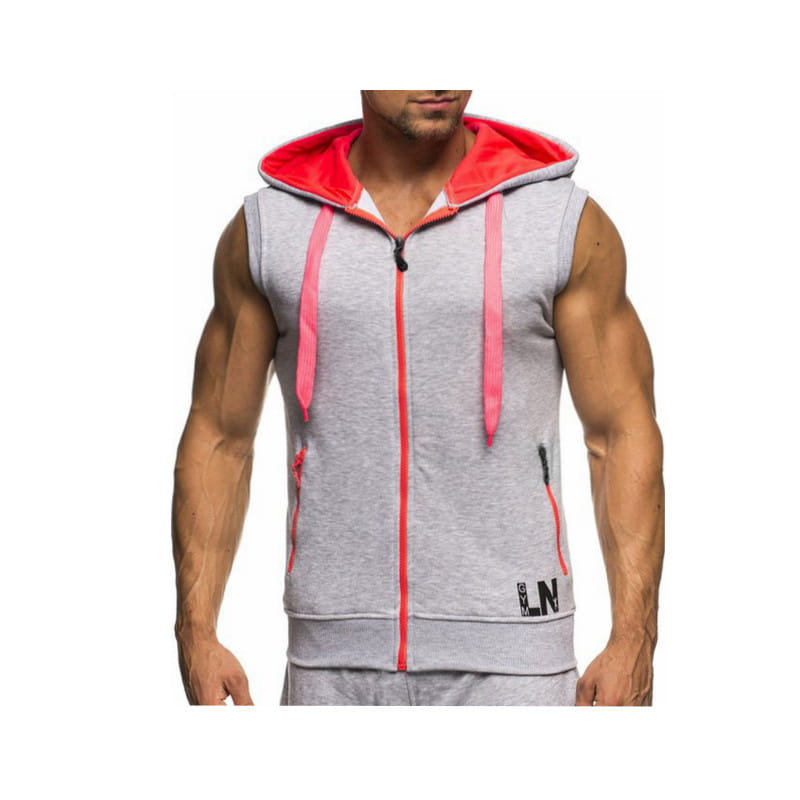 Men sleeveless zip hoodie gym tank top in gray with red interior lining and pink drawstrings for activewear.