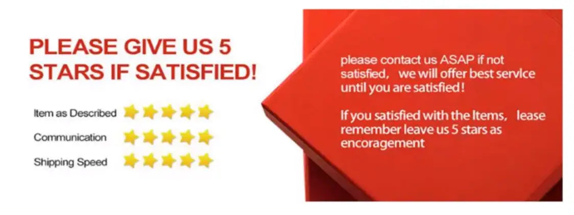 red cardboard box with white text encouraging customers to leave five stars for the unisex woolen felt fedora hat with feather accent.