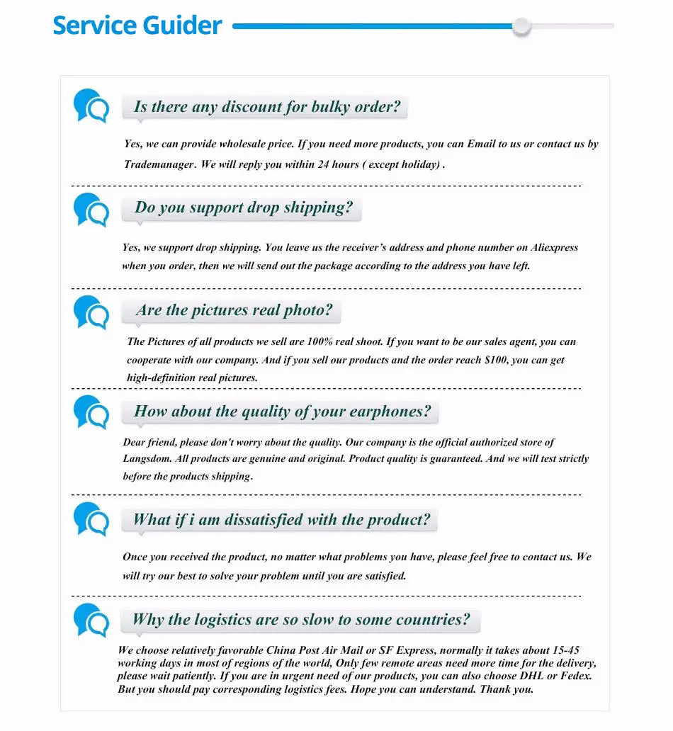 Service guide document with blue and black text on white background detailing customer service questions for rose gold digital watch led touch waterproof including discounts for bulk orders drop shipping support product authenticity guarantees return policies and logistics options.