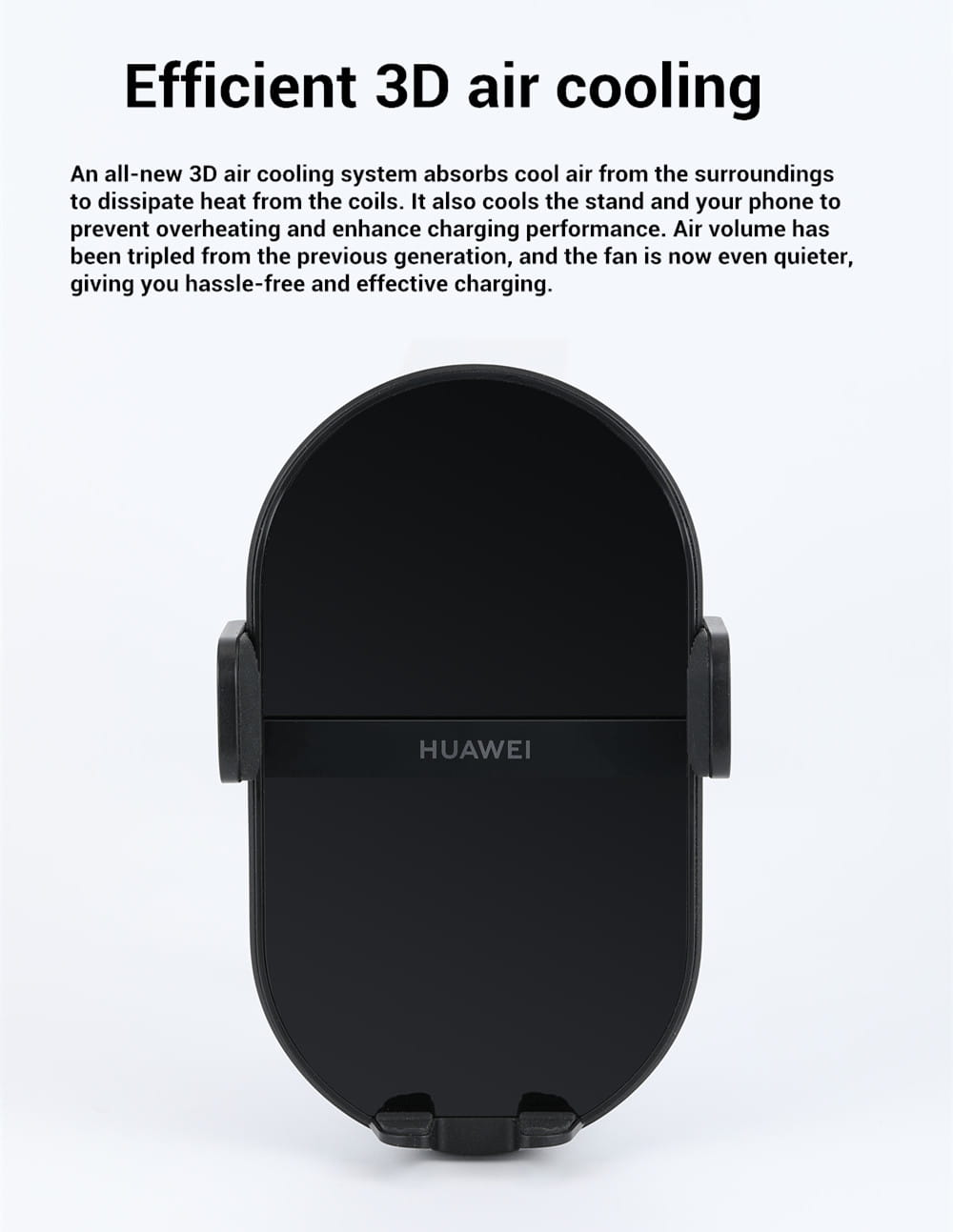 Black Huawei 50w wireless car charger phone stand with sleek oval-shaped design and integrated 3D air cooling system.