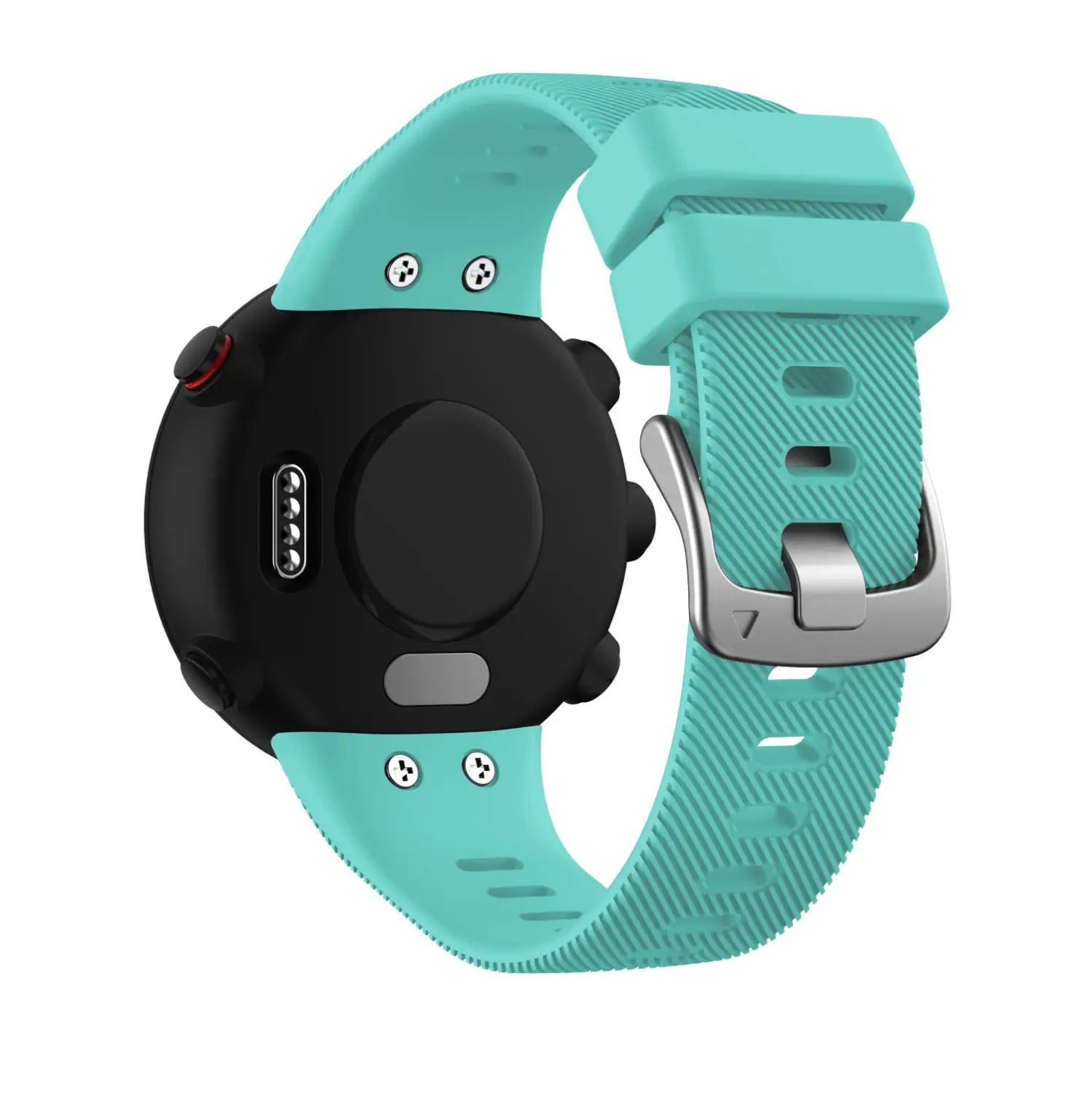 Una correa de reloj de silicona turquesa de alta calidad con hebilla plateada, diseñada para Garmin Forerunner 45 y relojes inteligentes Garmin Swim
