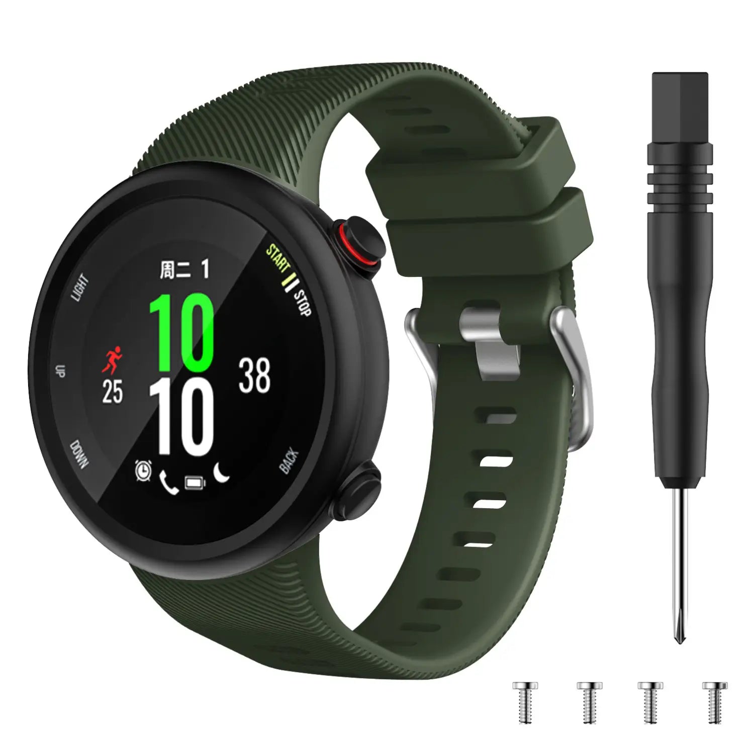 Correa de reloj deportiva de silicona verde oliva con caja negra y hebilla plateada, compatible con la Garmin Forerunner 45 y la banda Garmin Swim, ofreciendo durabilidad y comodidad de alta calidad