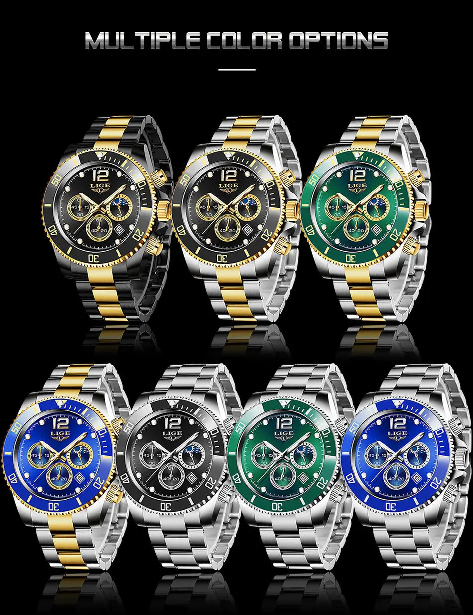 Montre chronographe bicolore or vert Lige avec des matériaux en acier inoxydable et à finition dorée, avec des cadrans noir, vert et bleu audacieux.