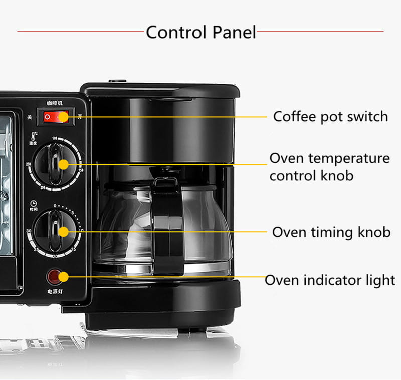 Black multifunctional 3 in 1 breakfast station coffee maker and toaster oven with a glass carafe and control panel featuring knobs for oven temperature timing and a coffee pot switch.