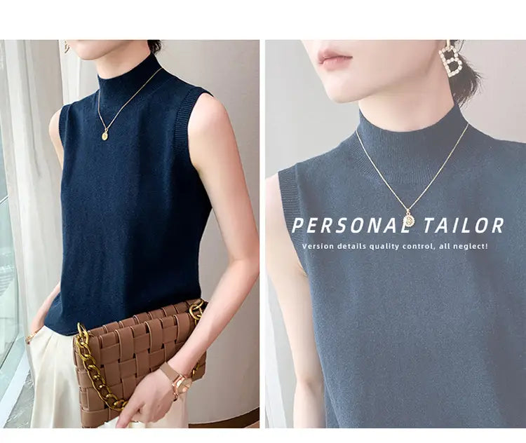 Navy blue wool turtleneck sleeveless sweater vest made of knit material ideal for layering in cool weather.