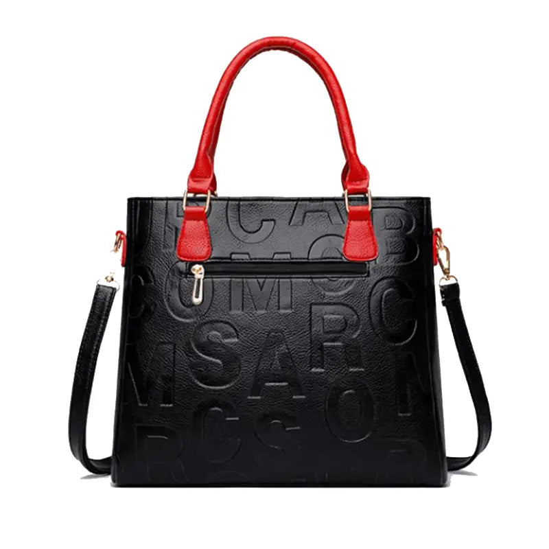black crossbody handbag pu leather satchel style1 style2 with red handles and matching shoulder strap featuring an embossed marc logo pattern.