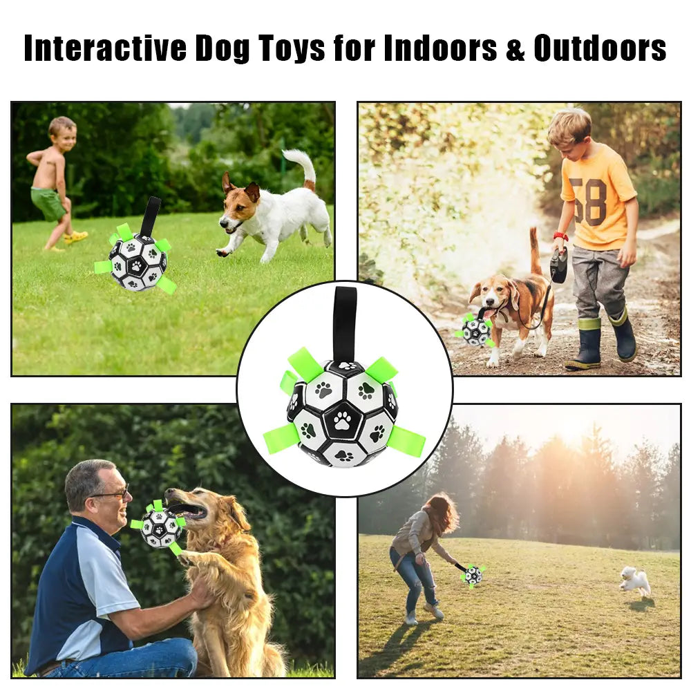黒と白のサッカーボール形状のインタラクティブな犬用玩具で、PUレザー製。緑の肉球プリントのつかみタブを備え、顧客満足のために設計され、オリジナル梱包により配送コストを低く抑えます。