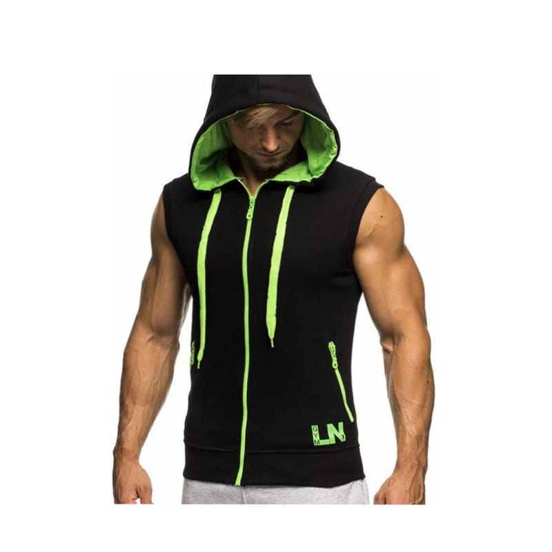 Men sleeveless zip hoodie gym tank top activewear in black with neon green interior lining and zipper pulls featuring a bold contrast design.