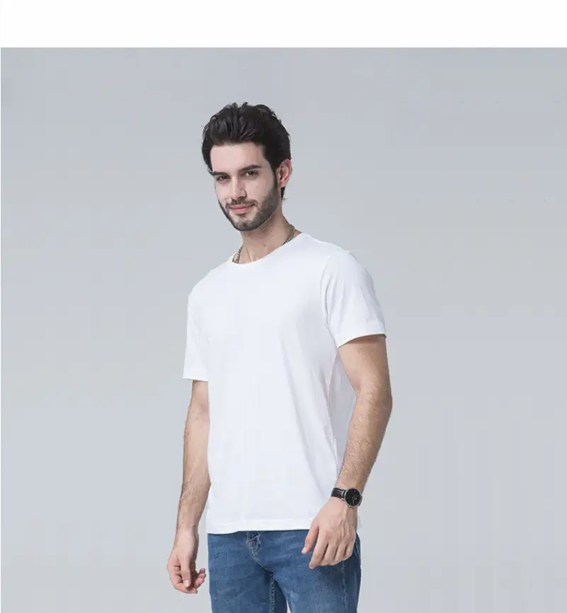 White cotton crew-neck shirt men customized with personalized design shown with size chart for custom cotton t shirt.