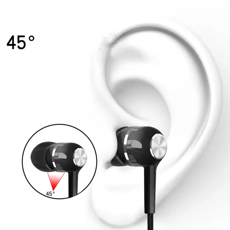 Écouteurs filaires noirs avec prise jack 3,5 mm, comprenant des écouteurs intra-auriculaires avec accents métalliques argentés et un microphone intégré pour un usage sport