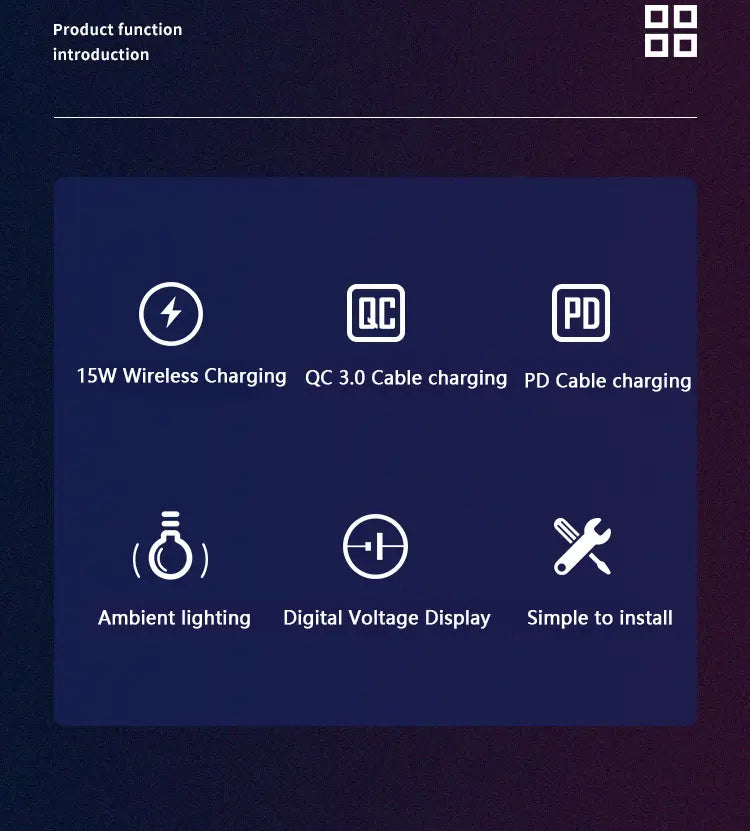 The volvo xc90 xc60 wireless car charger features a sleek dark blue digital display panel with white icons and text showcasing the product’s key functions.
