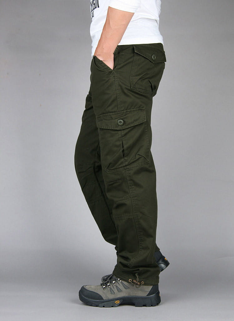 olive green men tactical cargo pants made of cotton with multiple pockets and button closures for work use