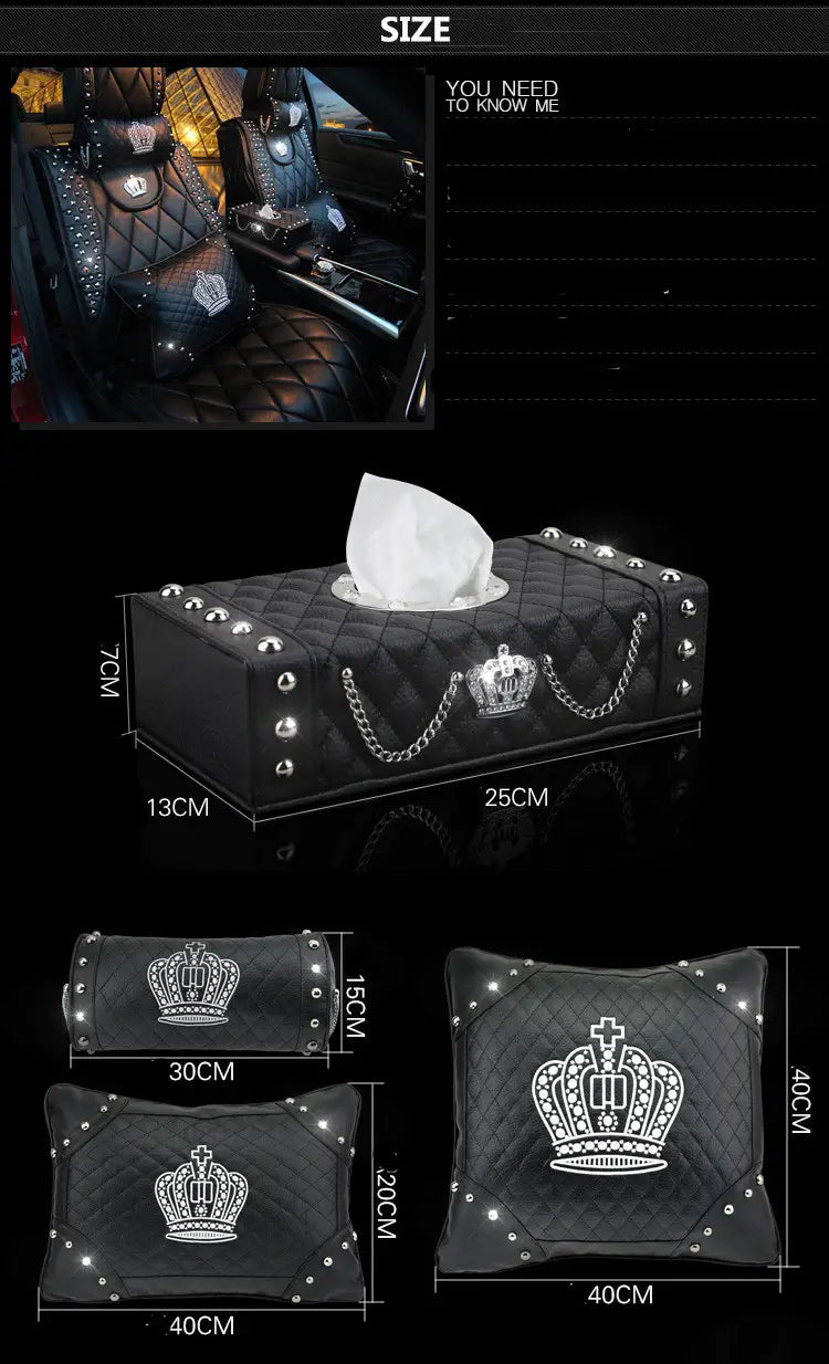 black quilted leather tissue box cover with silver studs chains and central crown emblem from the Crown Leather Car Steering Wheel Cover Set