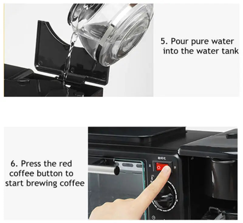black coffee maker with clear glass water tank and red power button in 3 in 1 breakfast station coffee maker and toaster oven