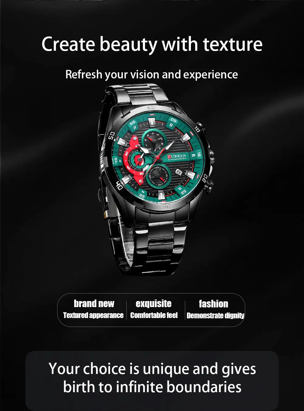 A sleek black Curren men black green chronograph stainless steel watch with a vibrant green and red textured dial featuring multiple subdials and bold white markings.