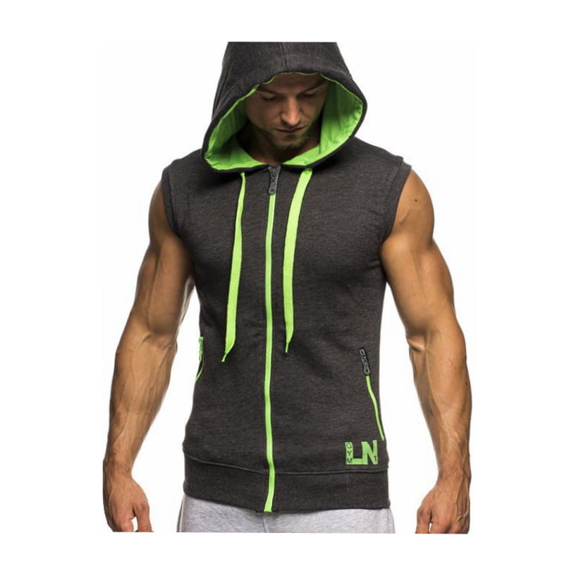 Men sleeveless zip hoodie gym tank top activewear in dark gray with neon green inner lining and zipper pulls featuring a front zip closure and side pockets.
