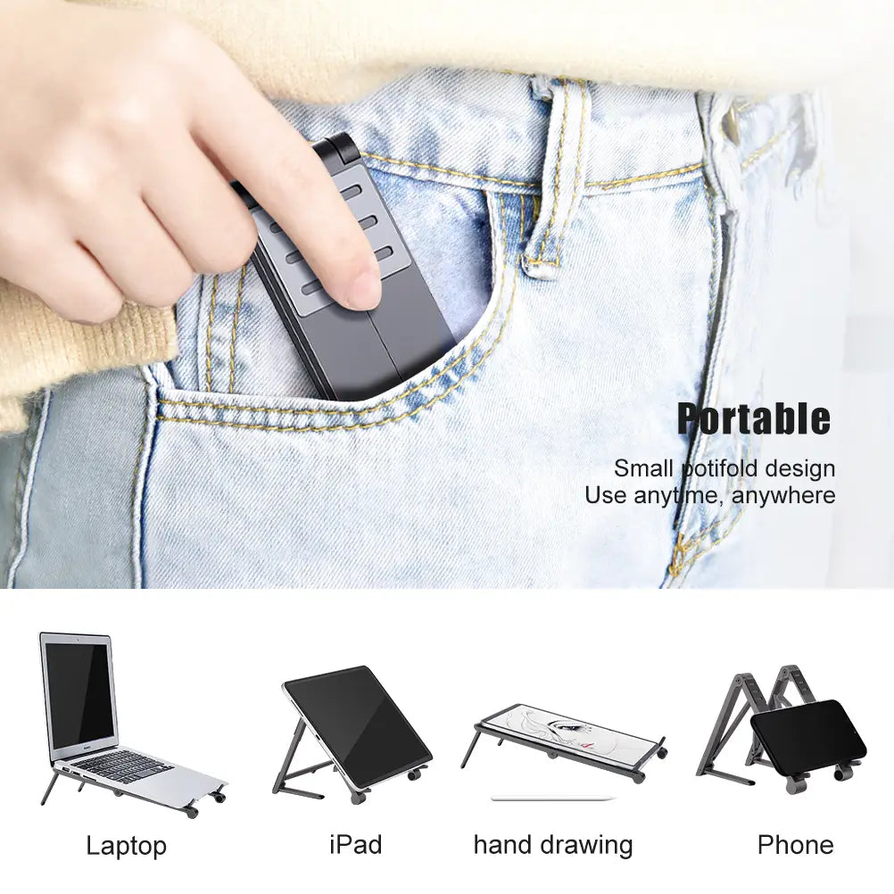 Black foldable aluminum laptop stand with compact design for mobile phone and mobile phone tablet use