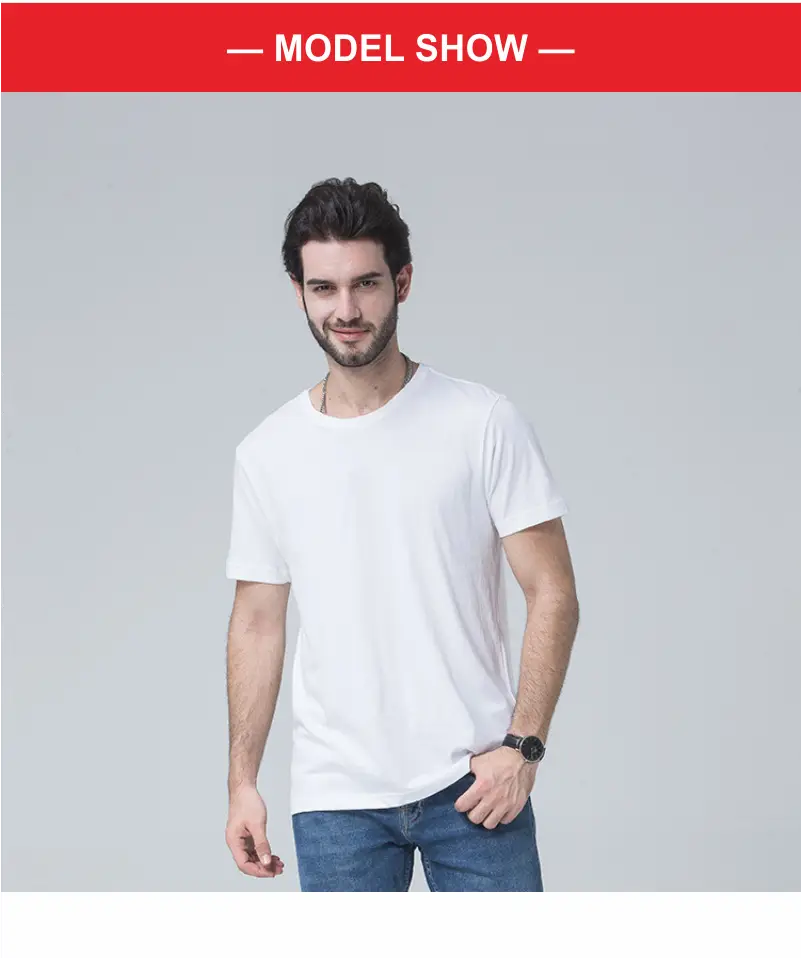 White crew-neck cotton t shirt men customized with personalized design available with size chart for accurate fitting.