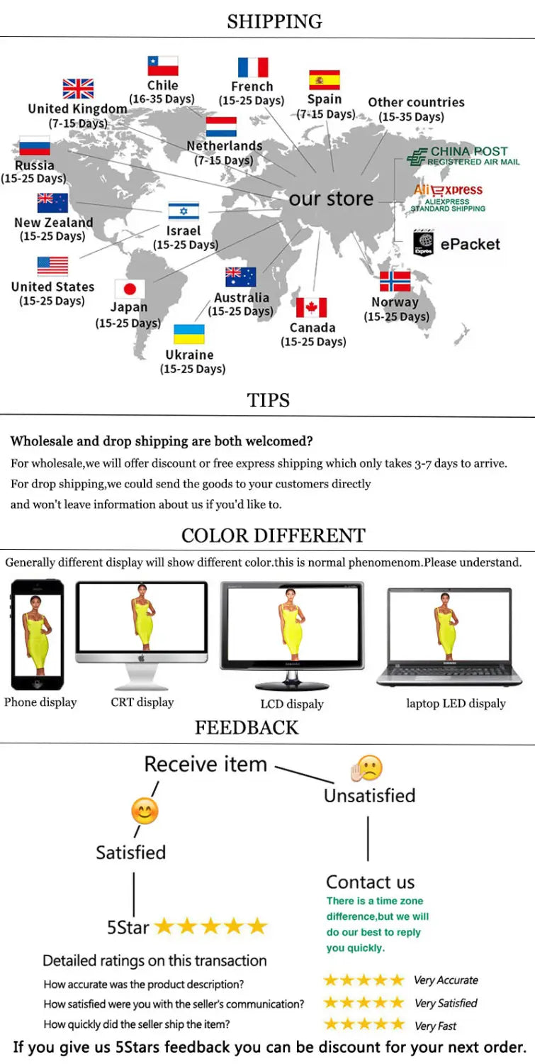 L’image présente une carte du monde avec des informations d’expédition et des conseils relatifs au service client, accompagnant une fiche produit de jupe midi bandeau pour femme à taille haute, style crayon.
