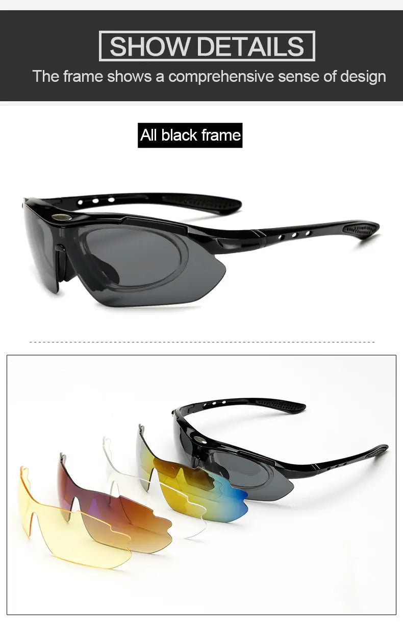 Lunettes de cyclisme à monture noire avec verres interchangeables jaune, orange, rouge et bleu conçues pour l’équipement sportif.