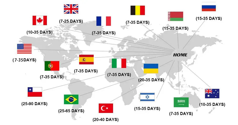 Diagrama de un mapa mundial que muestra los tiempos de entrega estimados a varios países para una chaqueta cálida de perro de piel sintética.