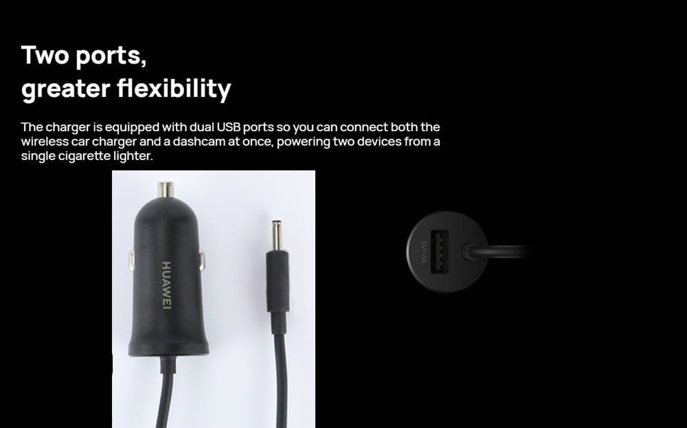 black huawei 50w wireless car charger with dual usb ports and a matching cable designed for convenient mobile device charging in vehicles.