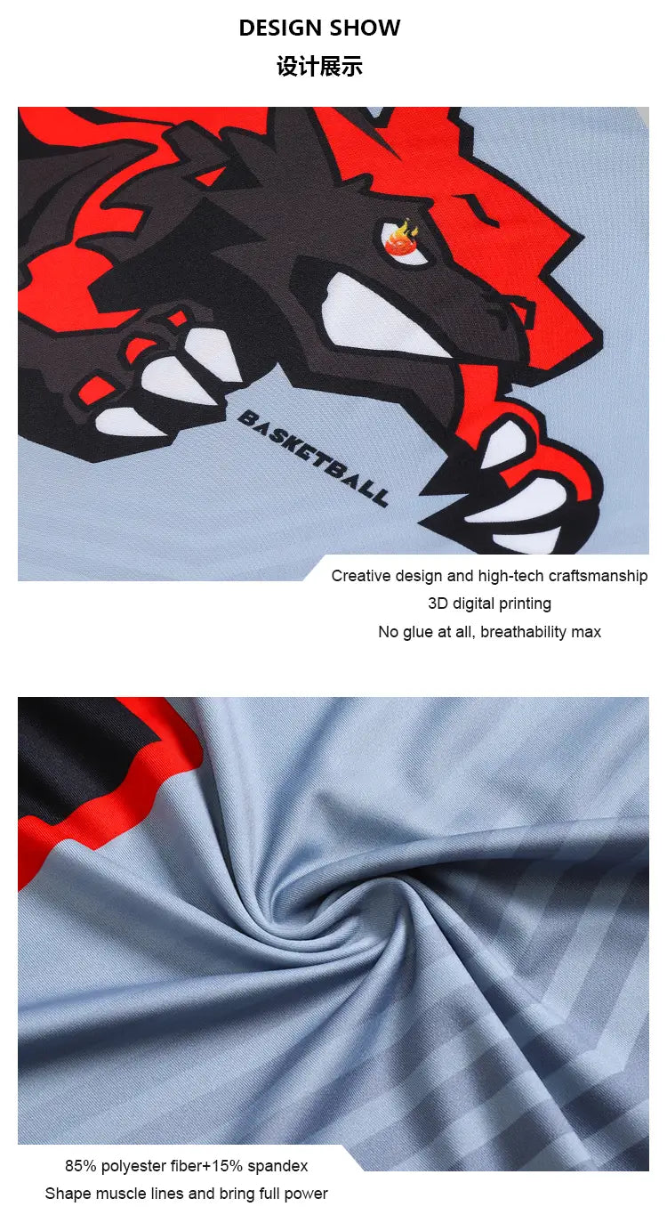 Light blue long sleeve compression basketball shirt featuring a bold red and black 3D printed dragon graphic and basketball text, made from breathable 85 percent polyester fiber and 15 percent spandex blend.