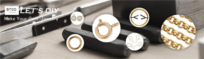 gold-toned metal jewelry findings and chain links displayed on a workbench alongside a leather hole punch beading awl with wood handle and steel tool.