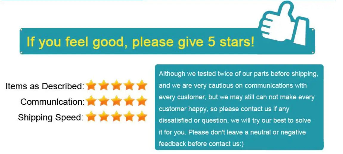 une boîte de message de service client turquoise avec du texte blanc et une icône de pouce levé, affichant des évaluations par étoiles pour les articles, concernant la communication telle que décrite et la rapidité d’expédition liées à la coque arrière composite de remplacement d’origine du téléphone mobile doogee v20.
