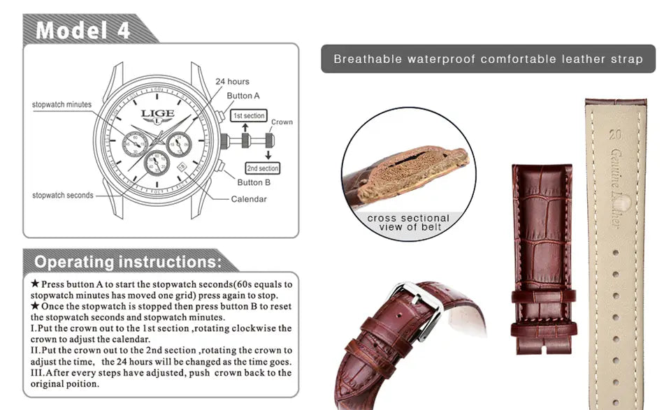 Brown crocodile-patterned leather strap for Lige men’s leather chronograph quartz watch model 4
