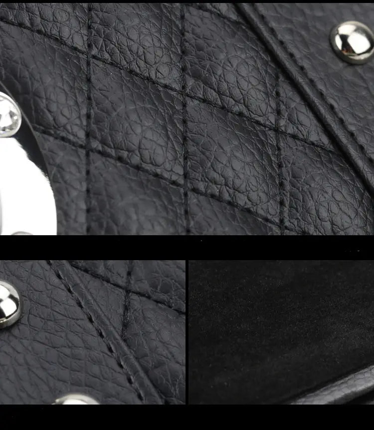 Black quilted leather steering wheel cover with silver-toned studs from the Crown Leather Car Steering Wheel Cover Set.
