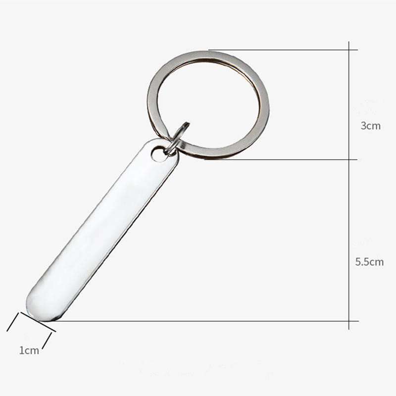 Silver rectangular metal keychain with a smooth polished finish and rounded edges for custom phone number laser engraved key ring.