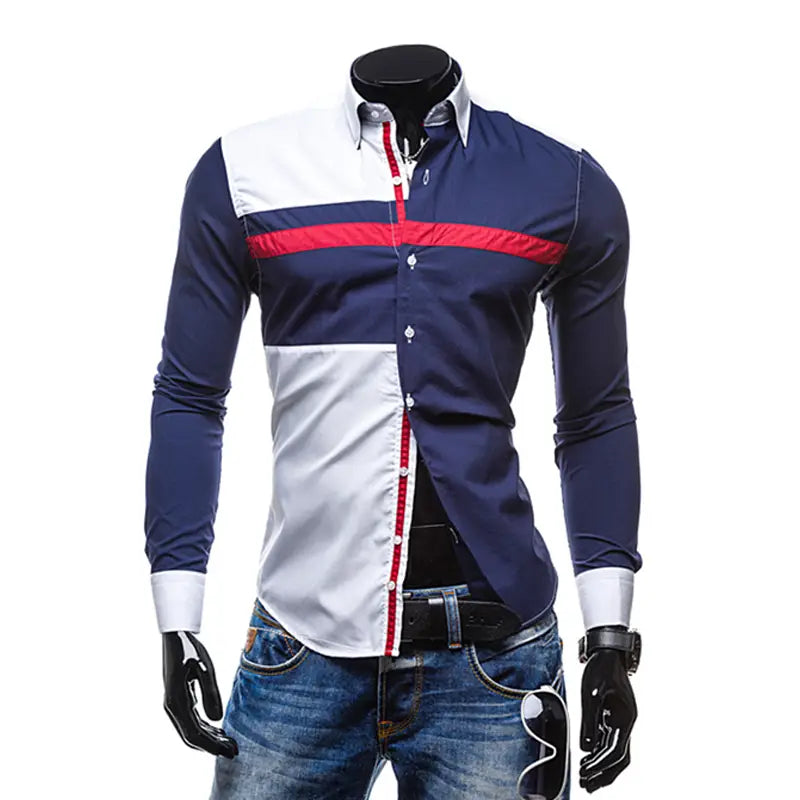 Men striped slim fit long sleeve casual shirt in navy blue white and red color block with contrasting trim.