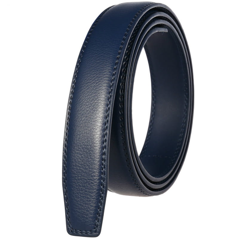 Sangle de ceinture en cuir véritable pour homme bleu foncé de 3,1 cm avec couture précise le long des bords.