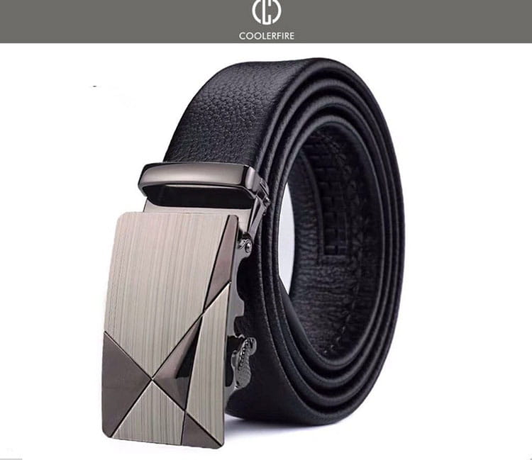 Men automatic leather belt featuring a black leather strap and a sleek silver-toned automatic buckle with a geometric pattern.