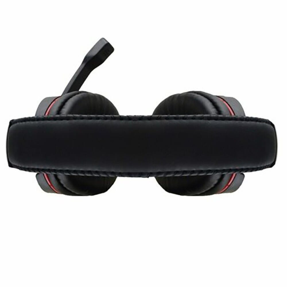 Black over-ear wired gaming headset with red accent stitching and a detachable microphone featuring a 3.5mm plug type for superior audio connectivity.