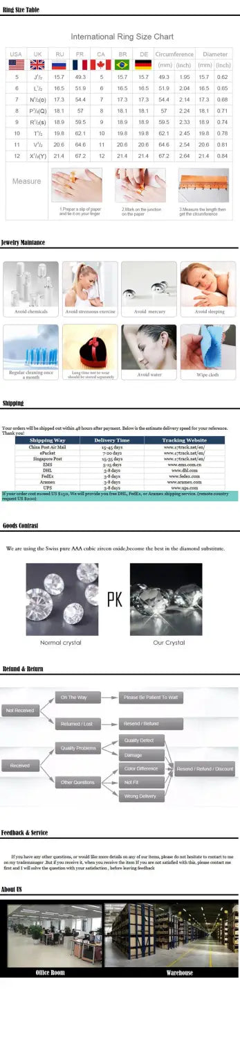 Il s’agit d’un tableau détaillé des tailles de bagues internationales, avec des mesures en millimètres et en pouces, ainsi que des illustrations de différentes tailles de doigts et de pierres précieuses pour une bague en argent sterling 925, pour femmes, fiançailles de mariage.