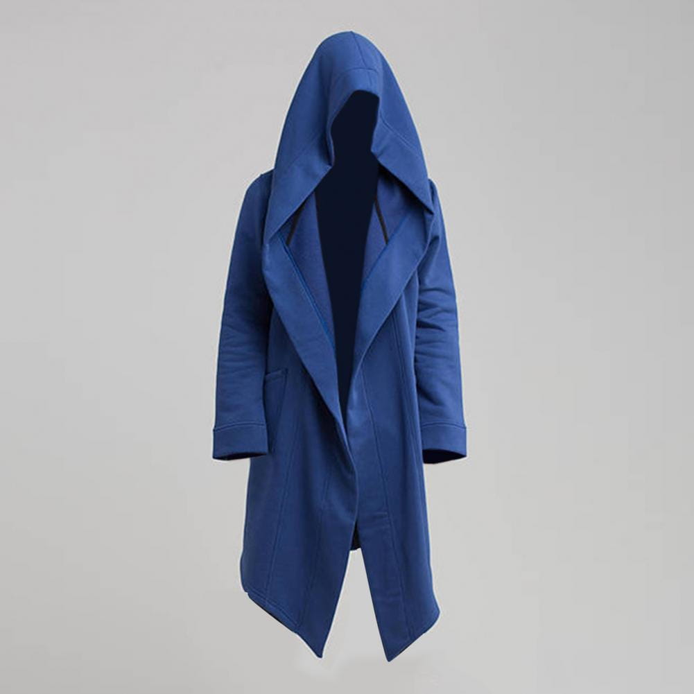 Capa larga gótica con capucha para hombre en azul profundo, con silueta estructurada y un sutil detalle de costura frontal.