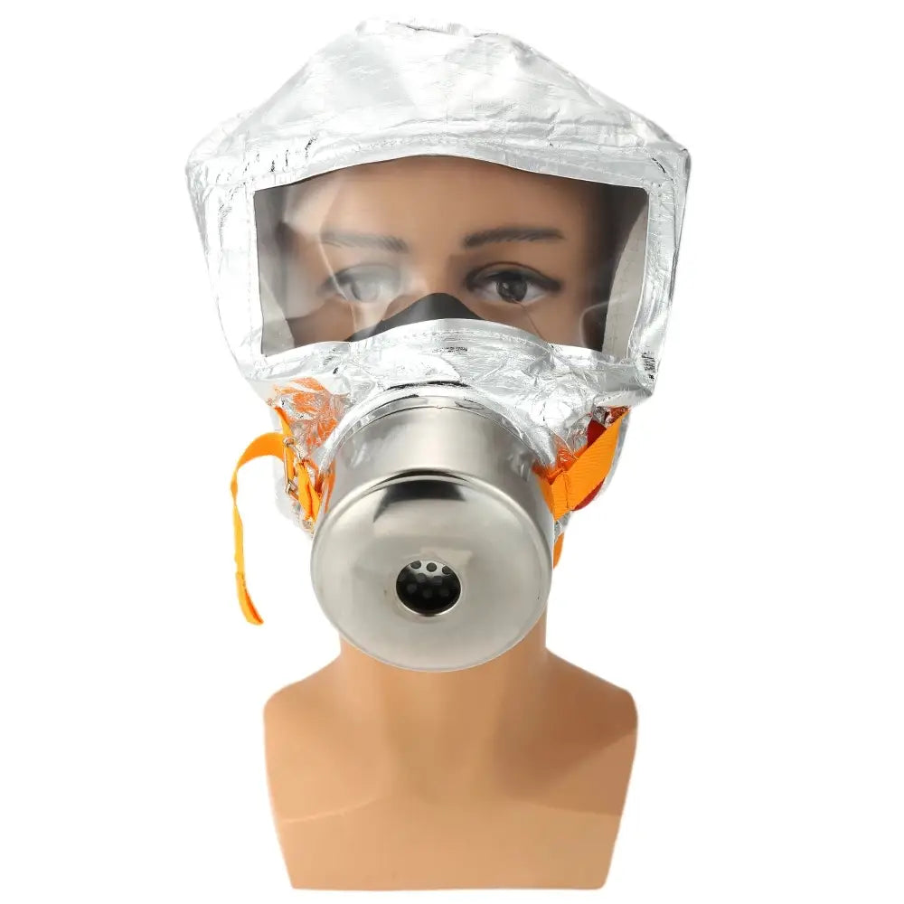Silver fire escape mask 30 minute protective respirator with transparent face shield and orange straps for emergency safety.