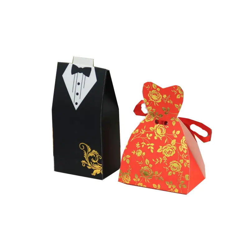 Red floral-patterned paper gift box with gold roses and ribbon handles for bride and groom wedding favor candy boxes 30 pcs.